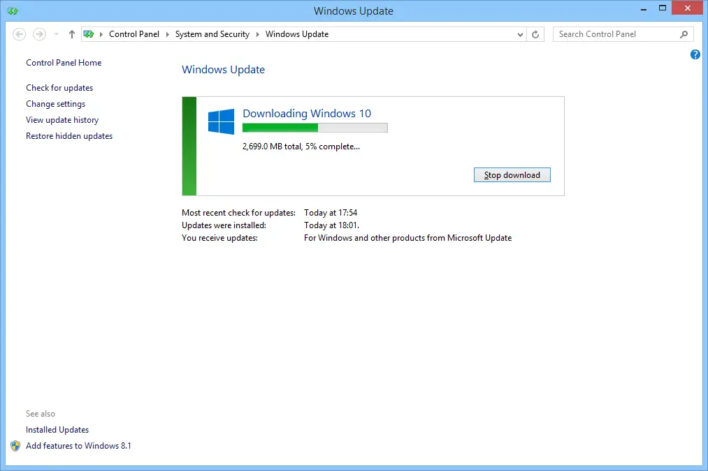 Windows 10 fenetre de telechargement windows update