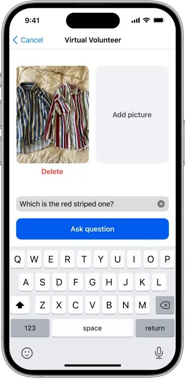 Une capture d'écran des entrées de l'utilisateur dans le Volontaire Virtuel.  Ils téléchargent une photo de deux chemises à rayures et demandent à l'IA laquelle est celle à rayures rouges.