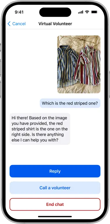 Une capture d'écran de la réponse du Volontaire Virtuel à une question sur les chemises rayées.  La réponse se lit comme suit : 