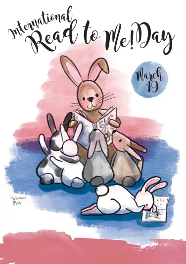 Une illustration à l'aquarelle rose et bleue d'un lapin mère lisant à un groupe de petits lapins.  Le texte du haut se lit 