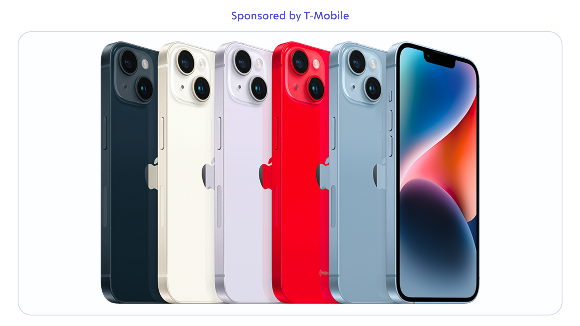 Des iPhone 14 de différentes couleurs alignés.