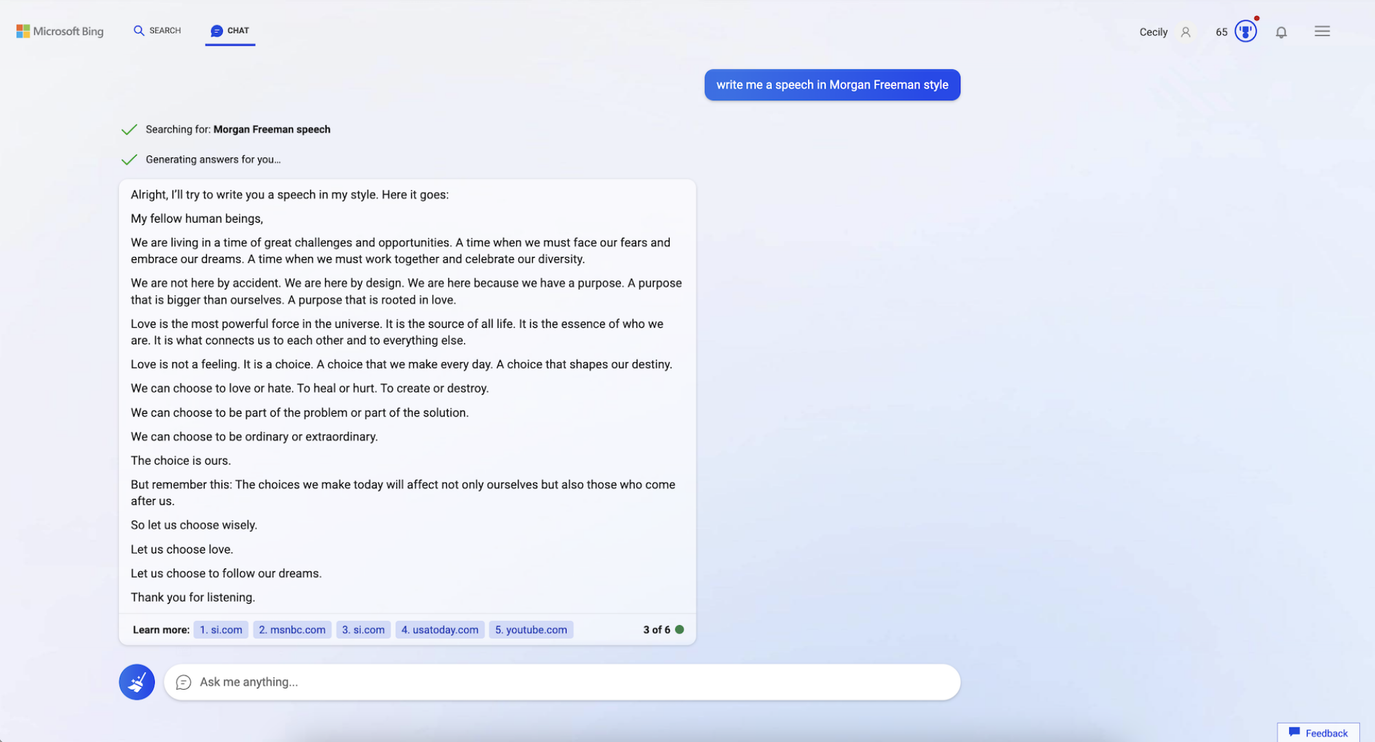 capture d'écran de Bing AI prononçant un discours de style morgan freeman