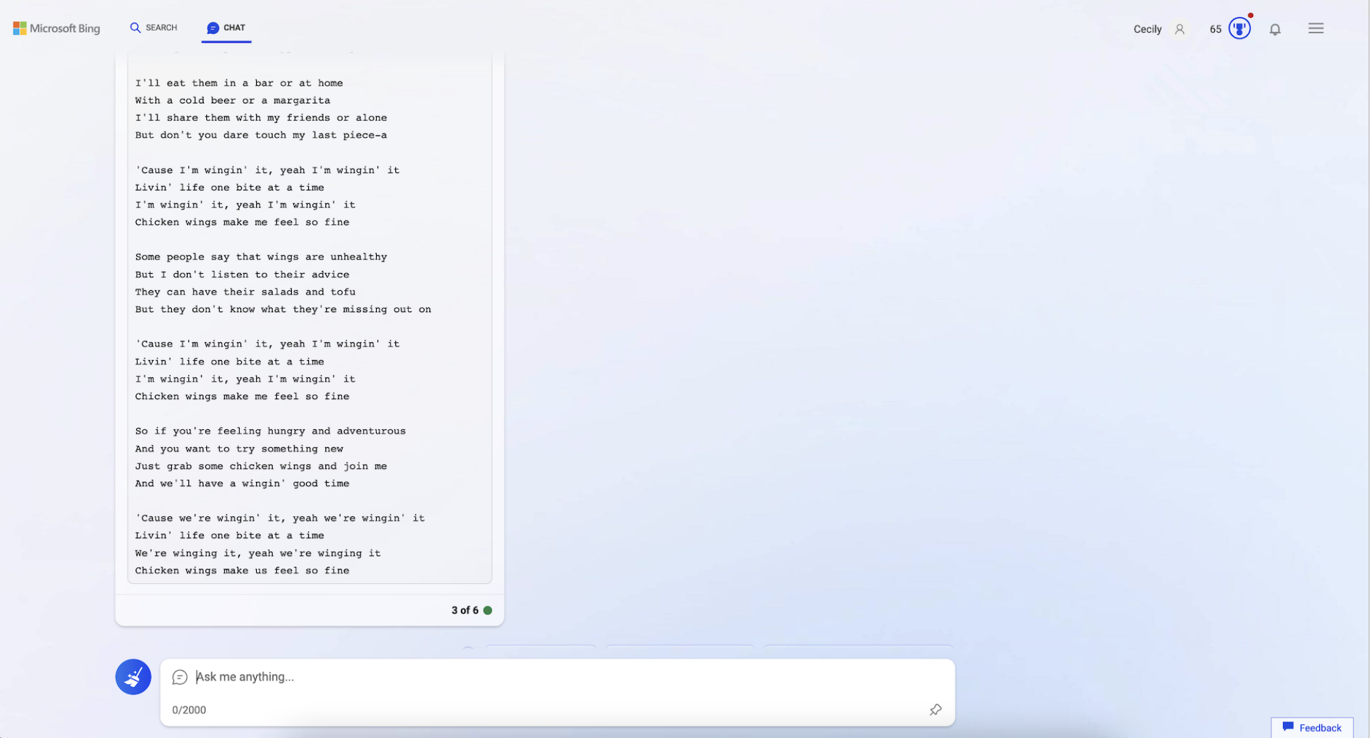 capture d'écran d'une chanson sur les ailes de poulet de Bing AI