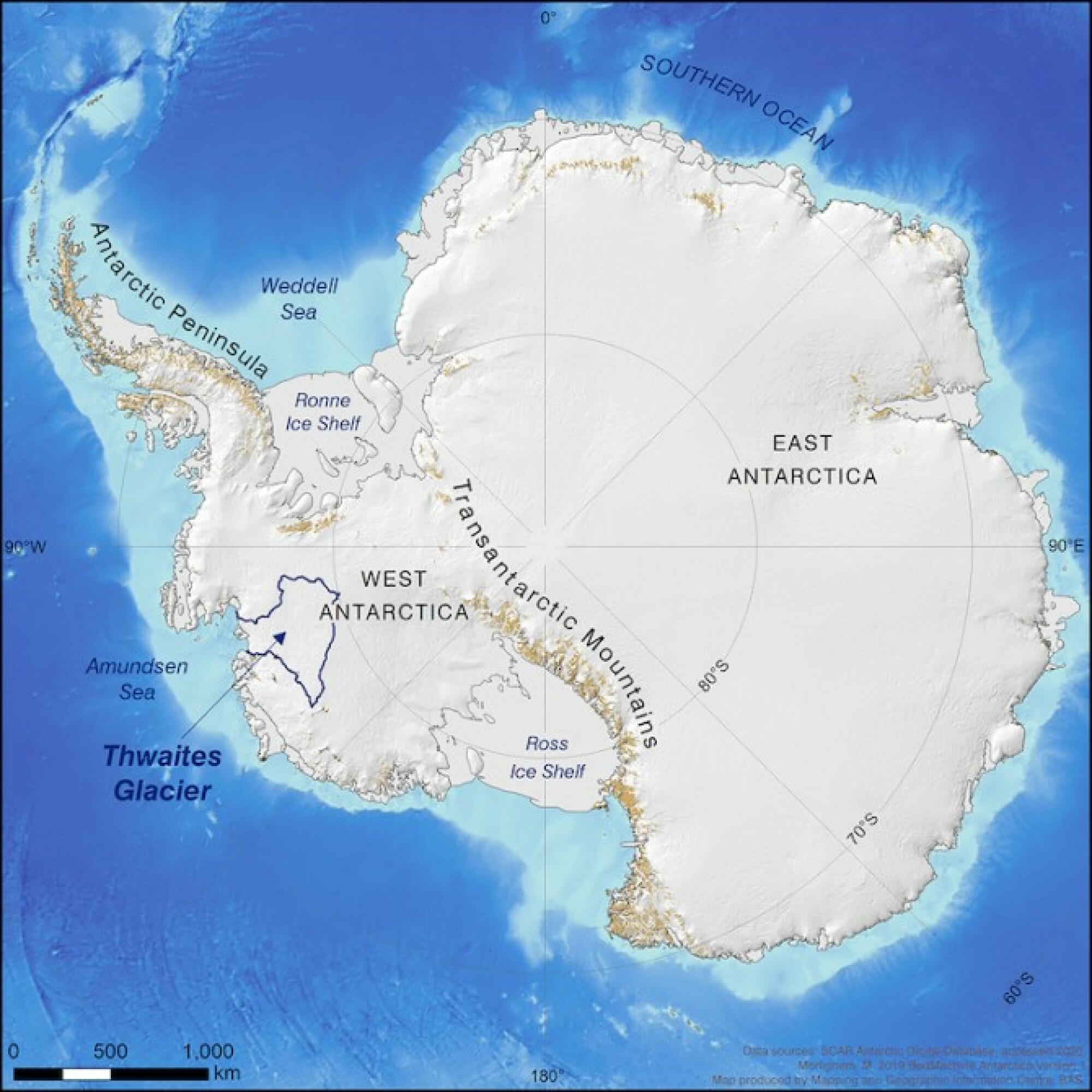 une carte de l'Antarctique avec le glacier Thwaites illustré à gauche
