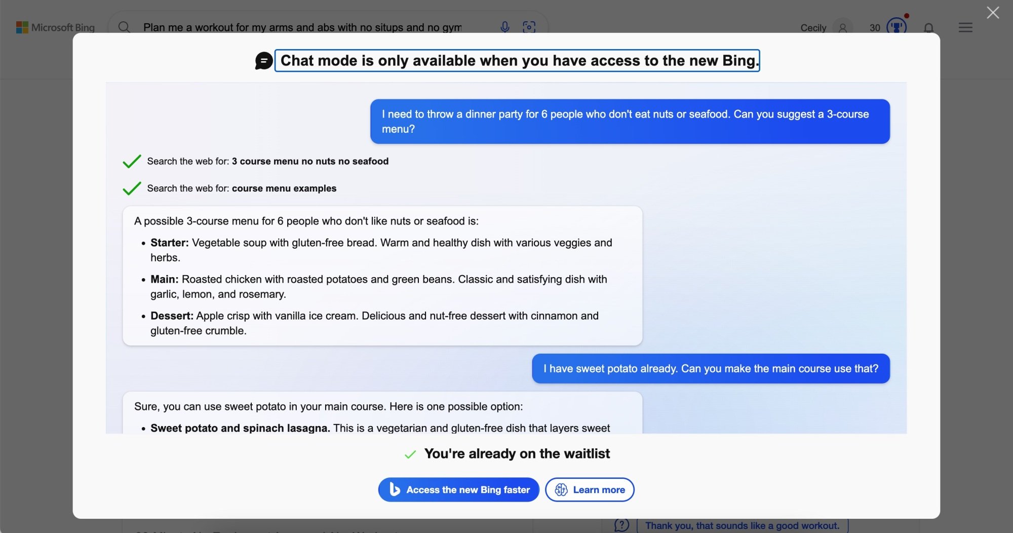 Aperçu de la conversation avec le chatbot AI de Bing