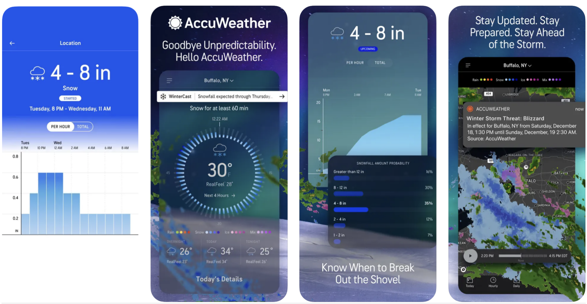 Captures d'écran AccuWeather de ses fonctionnalités sur iOS