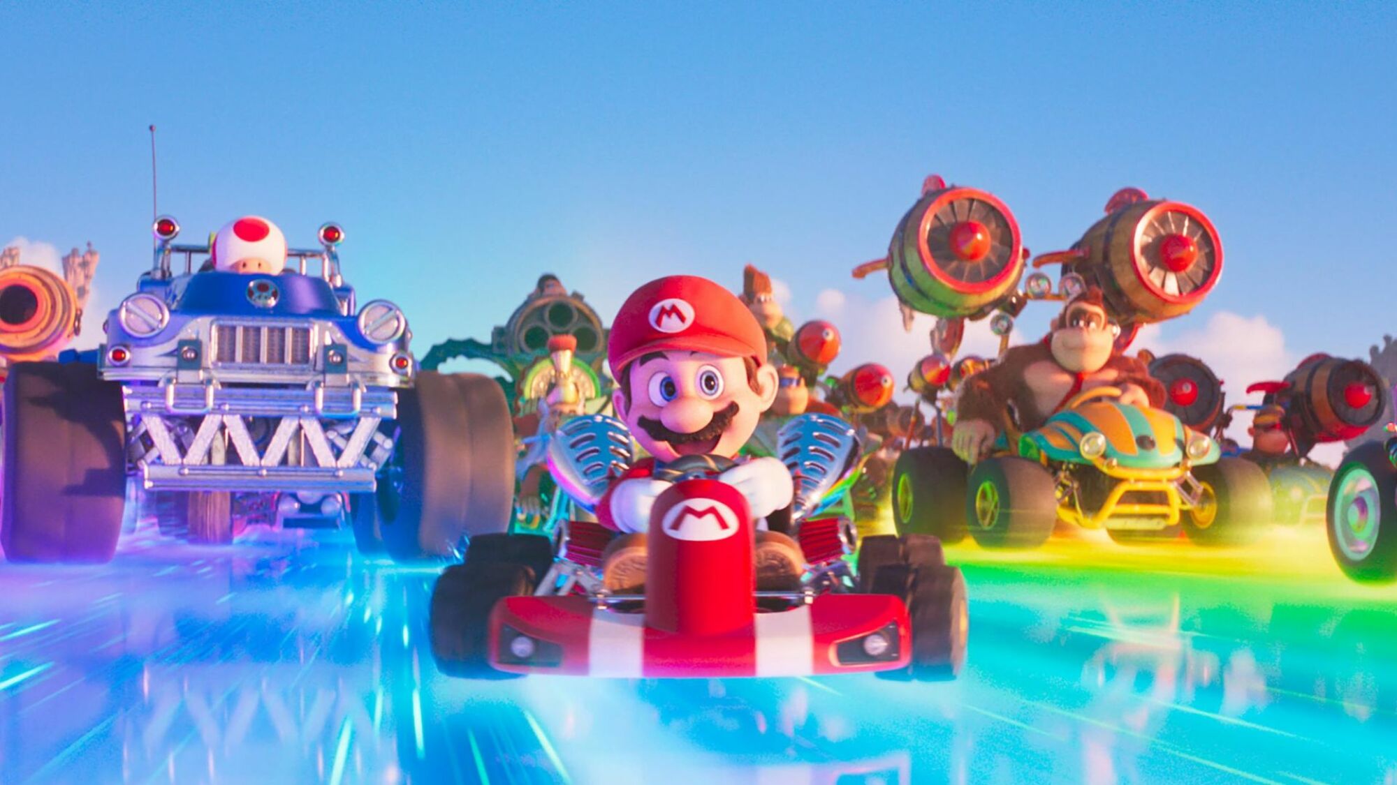 Mario fait la course sur Rainbow Road dans 