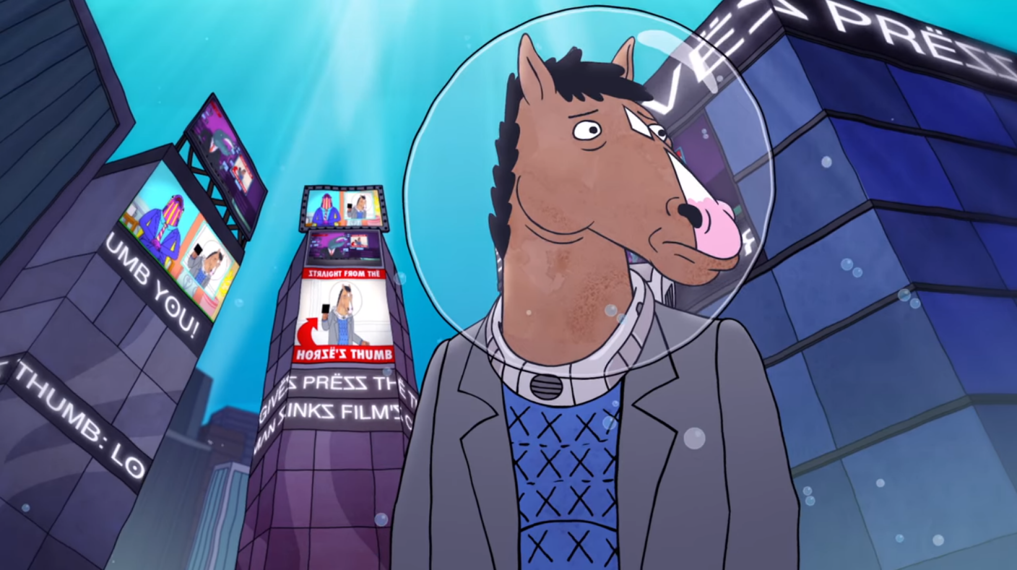 Une scène animée de BoJack, un cheval bai anthropomorphe, l'air inquiet dans une ville sous-marine recouverte de sa propre image.