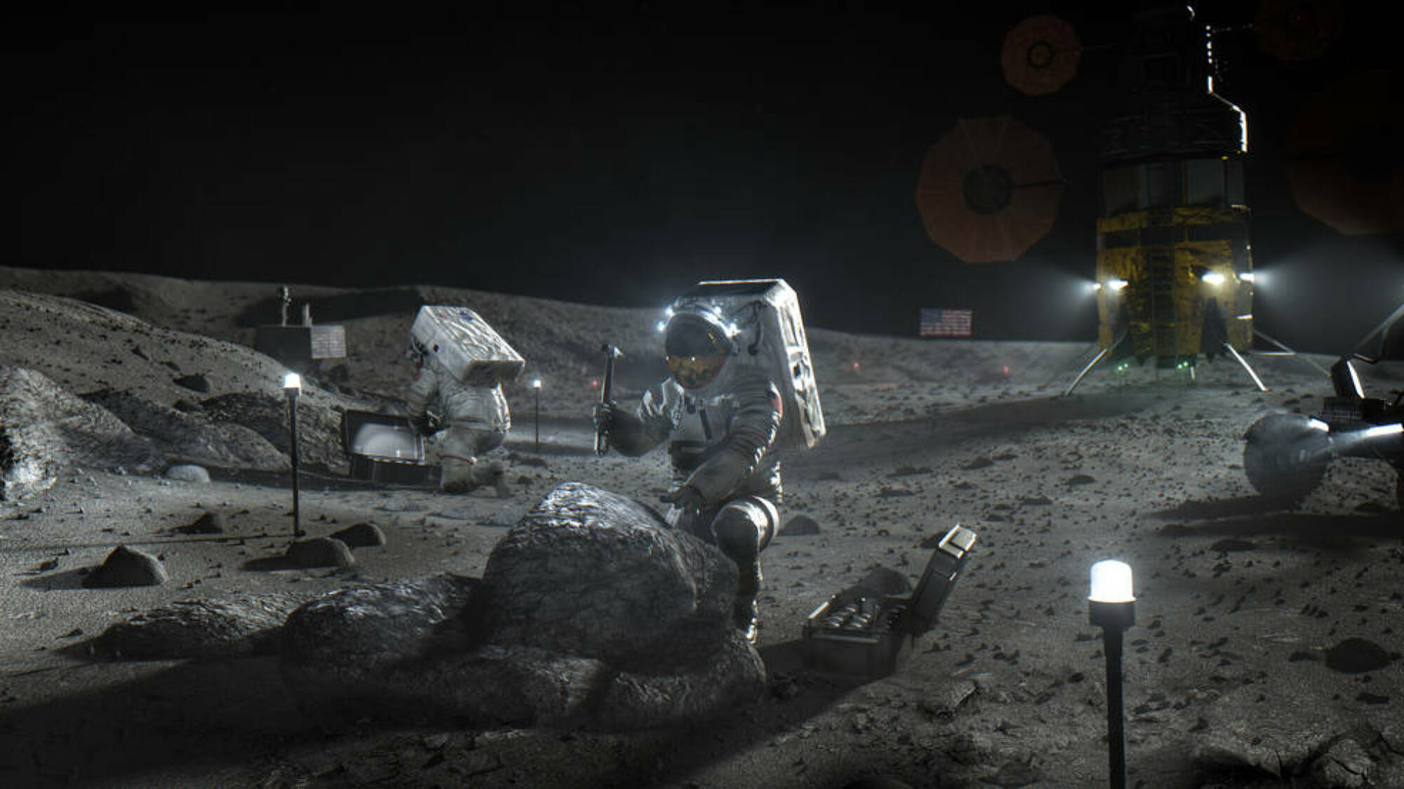 une conception d'artiste d'astronautes travaillant sur la lune