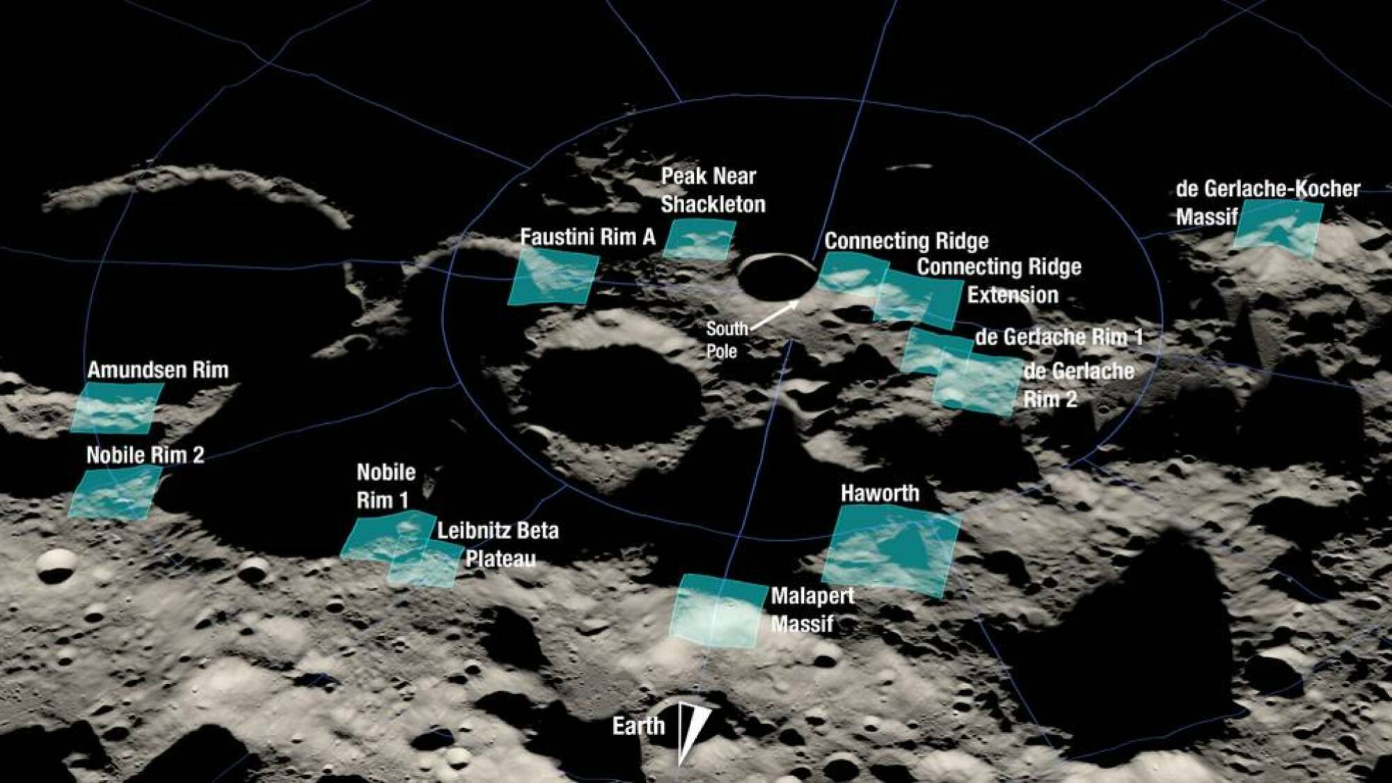 les zones bleues désignent où la NASA peut atterrir sur la lune