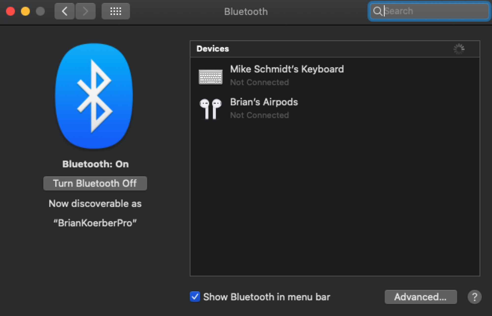 Capture d'écran de la fenêtre des préférences Bluetooth d'un Mac.