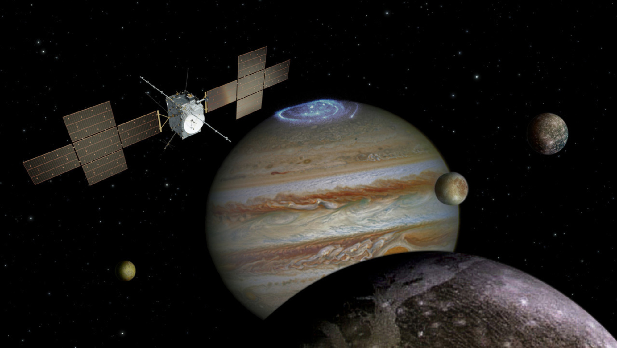 Vaisseau spatial explorant le système de lunes de Jupiter