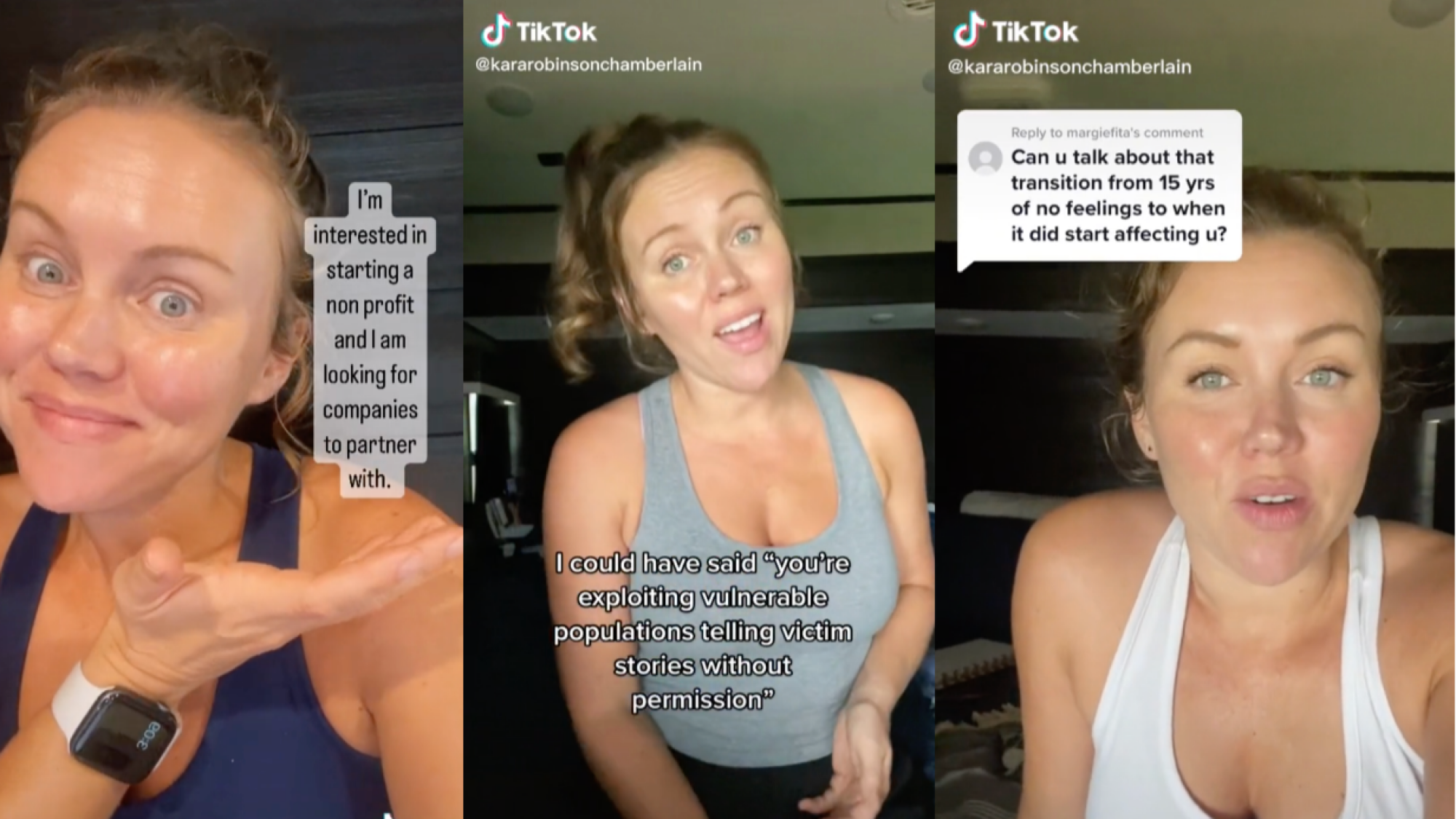 Collage de captures d'écran TikTok d'une femme expliquant de vrais cas de crime.