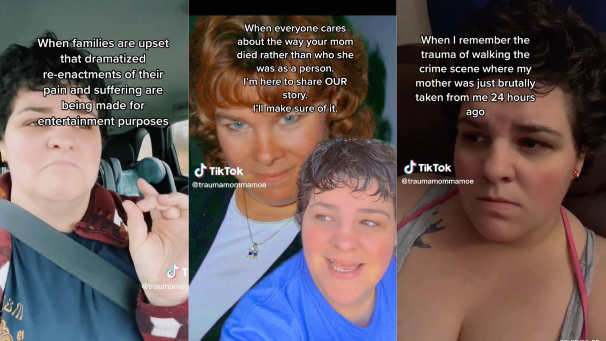 Collage de captures d'écran TikTok d'une femme expliquant de vrais cas de crime.