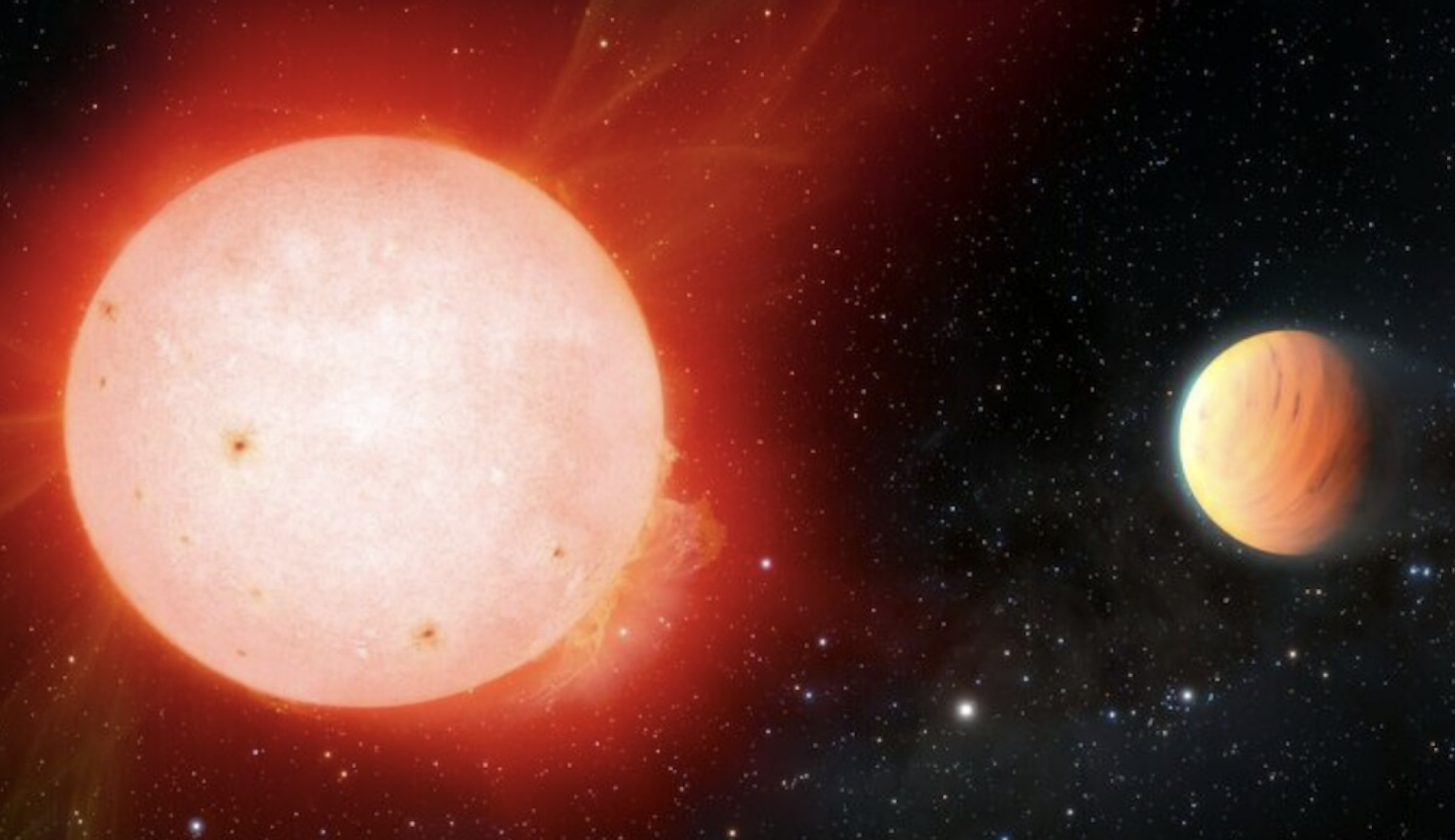 Vue d'artiste d'une étoile naine rouge en orbite autour d'une exoplanète ressemblant à une guimauve (à droite)