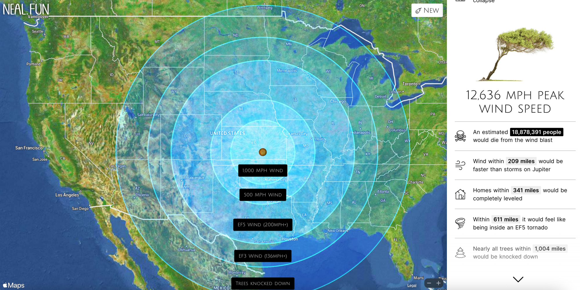 Graphique montrant l'impact d'un gros astéroïde sur les États-Unis