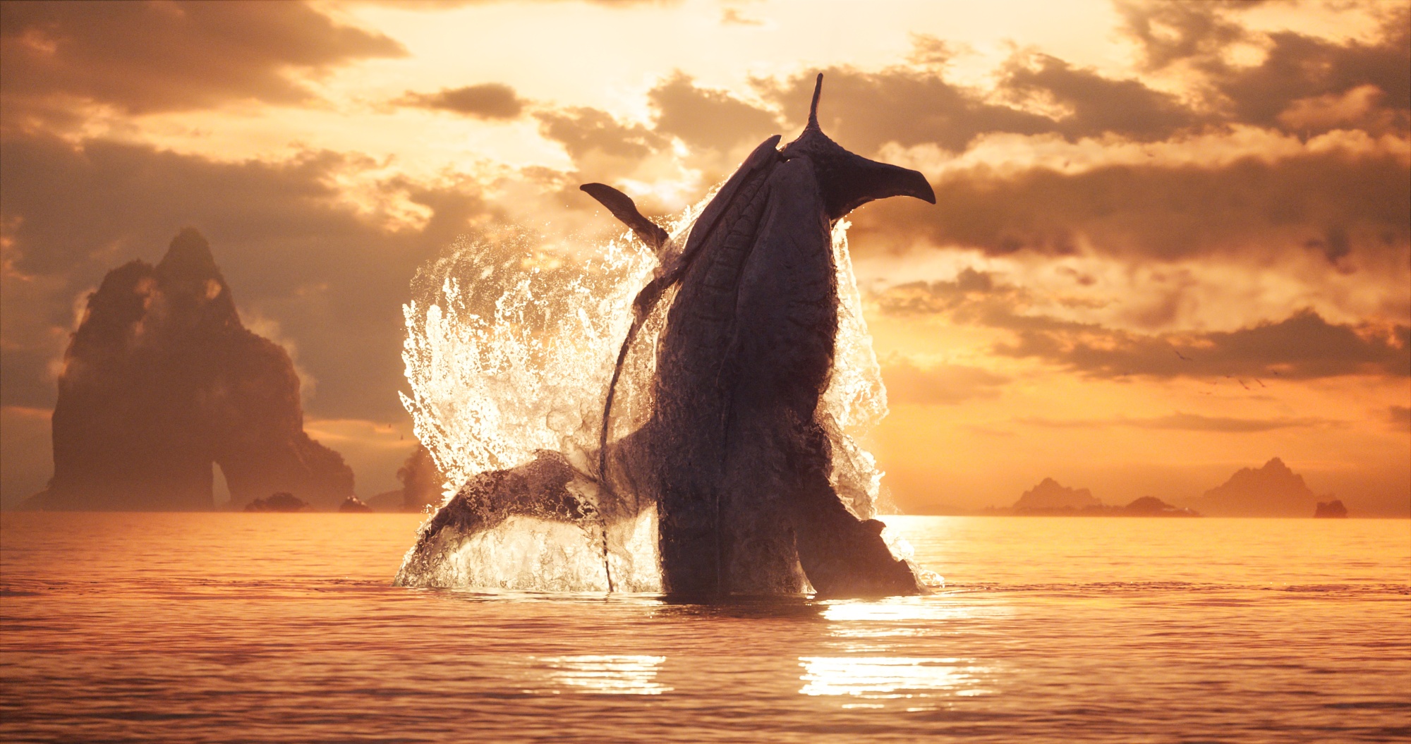 Une baleine extraterrestre à six nageoires traverse l'océan au coucher du soleil.
