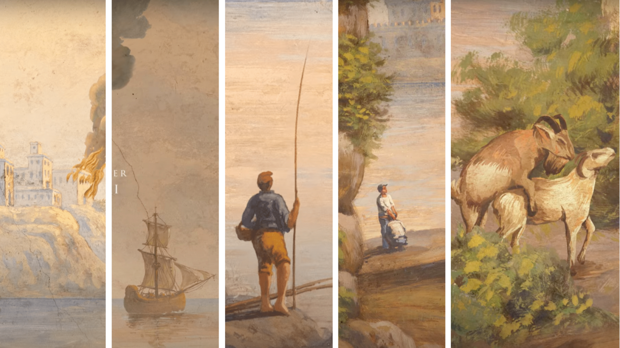 Collage de peintures d'un château en feu, d'un bateau, d'un pêcheur, d'un couple gay et de chèvres.  