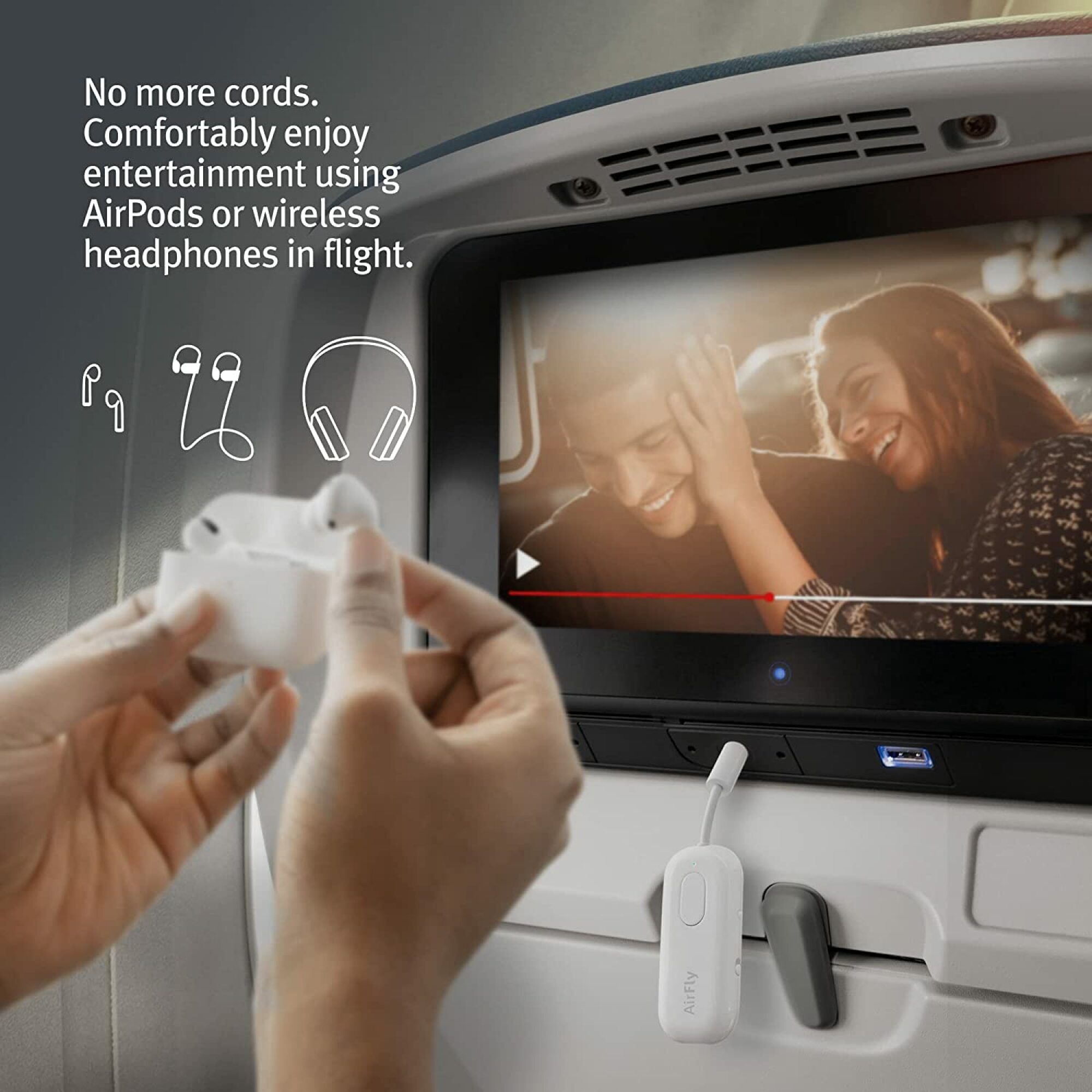 Douze émetteurs South AirFly branchés sur un appuie-tête TV dans un avion