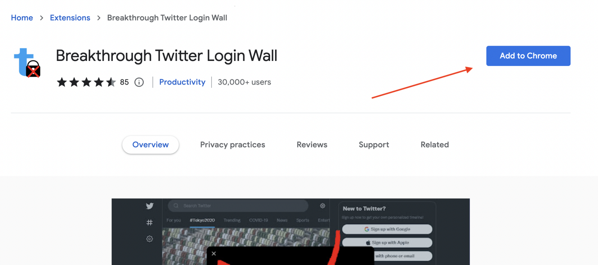 le bouton qui installe Breakthrough Twitter Login Wall en chrome