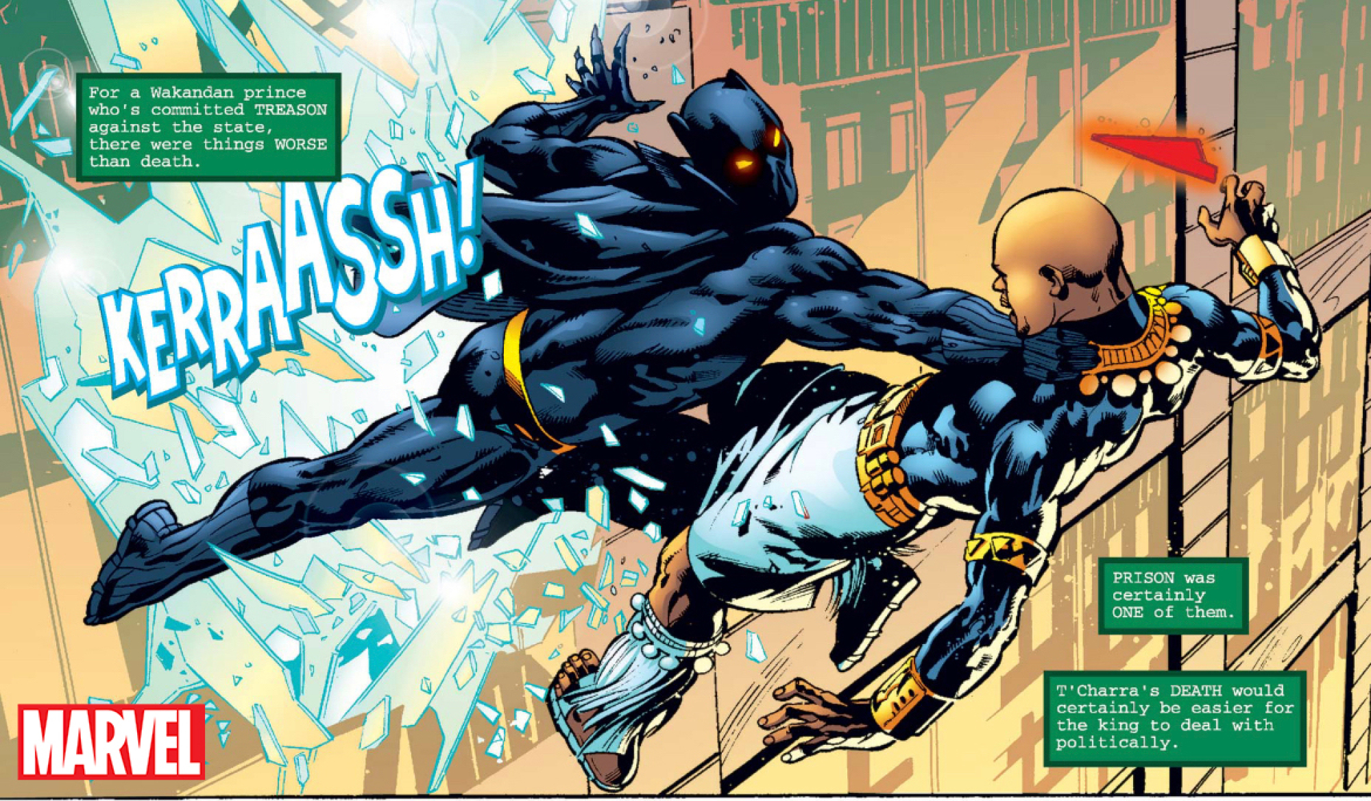 Un panneau de bande dessinée Marvel montrant T'Charra.