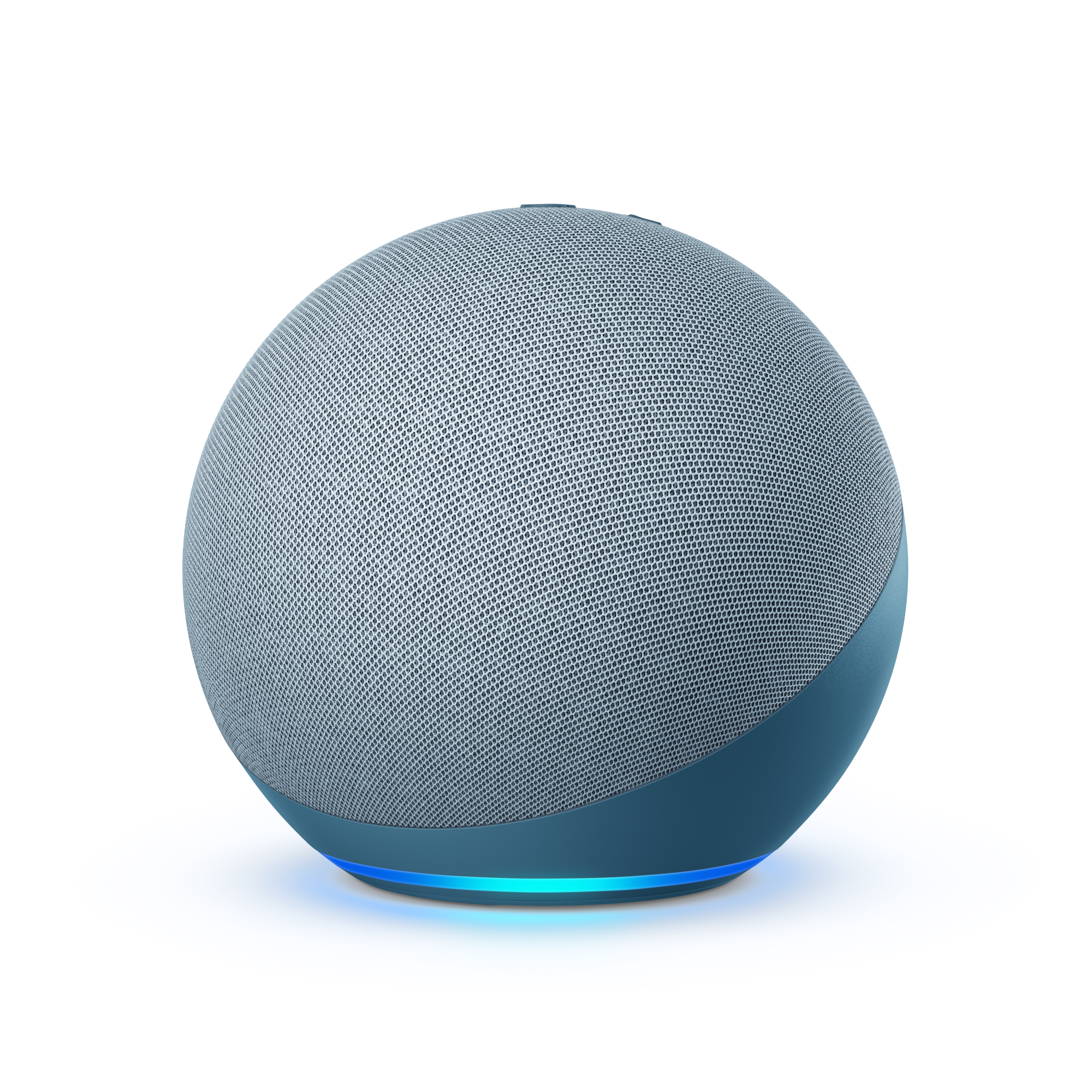 Haut-parleur Echo sphérique gris avec une lumière bleu clair émanant du bas.
