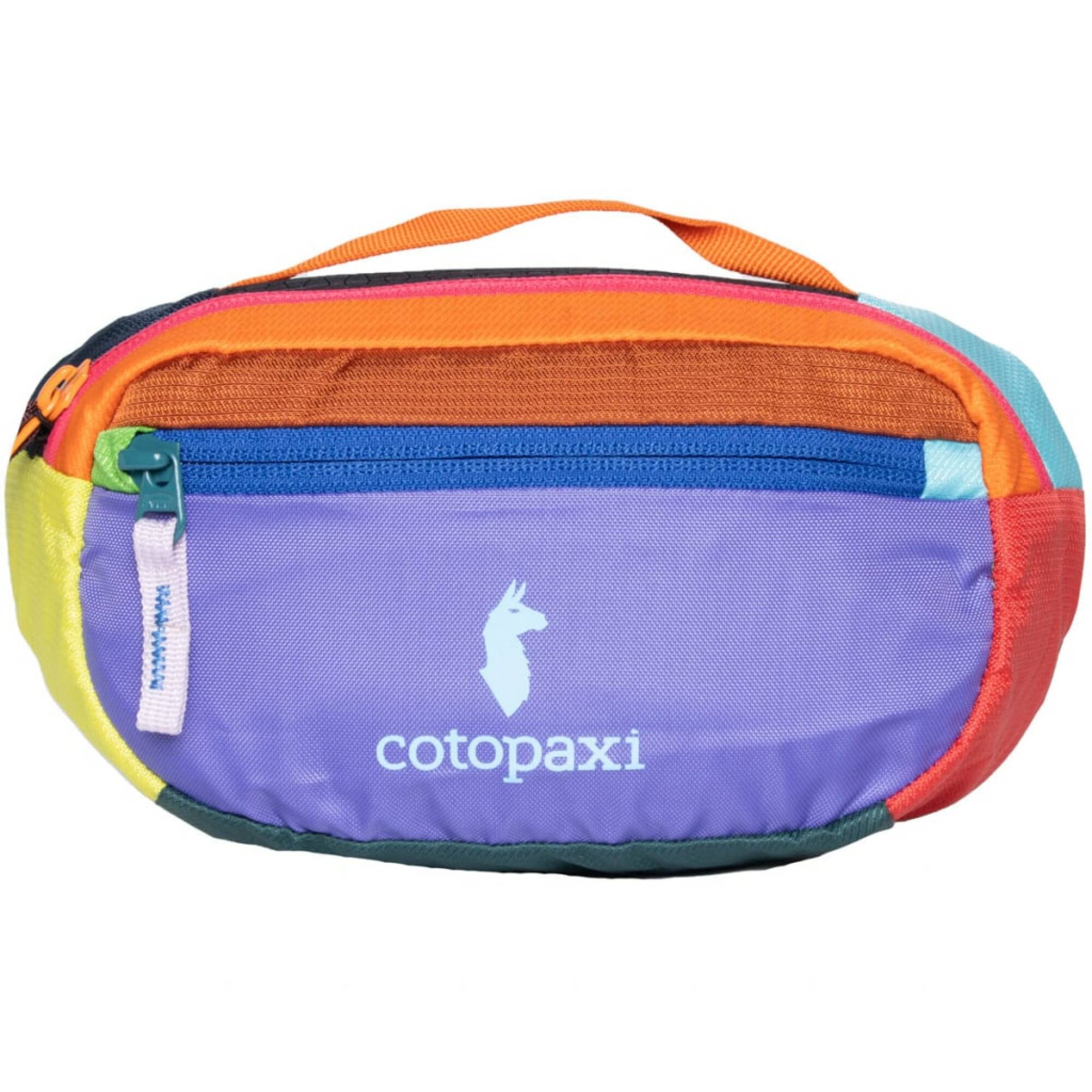 sac banane cotopaxi en violet, orange, rouge, jaune et bleu sarcelle