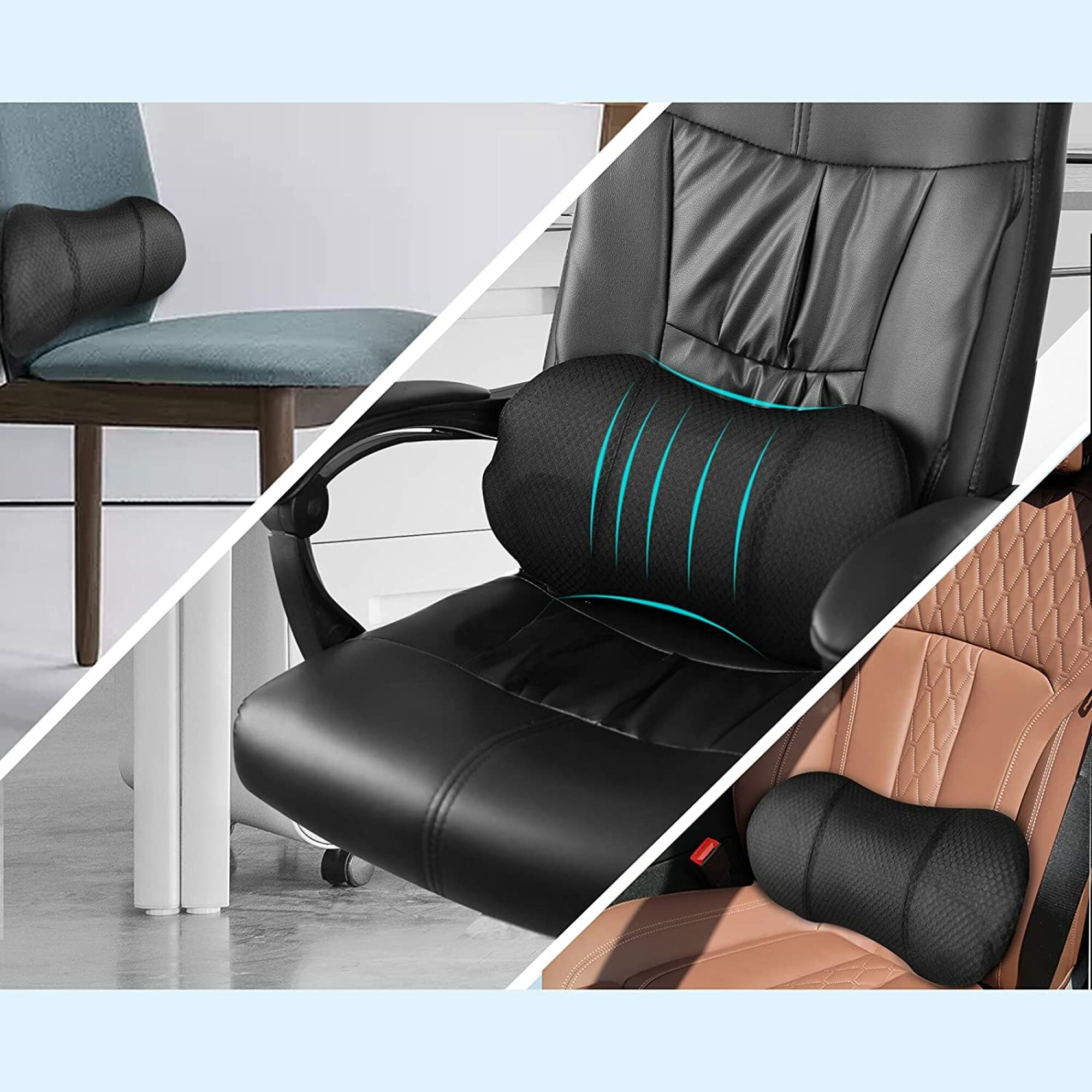 oreiller lombaire gonflable utilisé avec une chaise en bois sans accoudoirs, une chaise de bureau et un siège d'auto