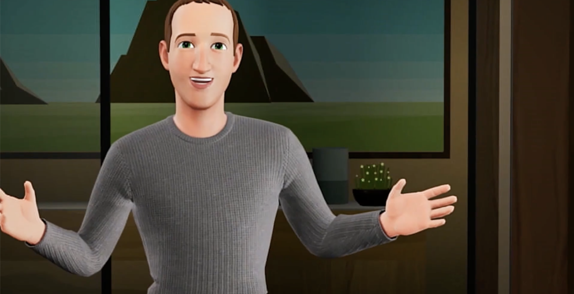 Zuckerberg en avatar, dans un pull gris.