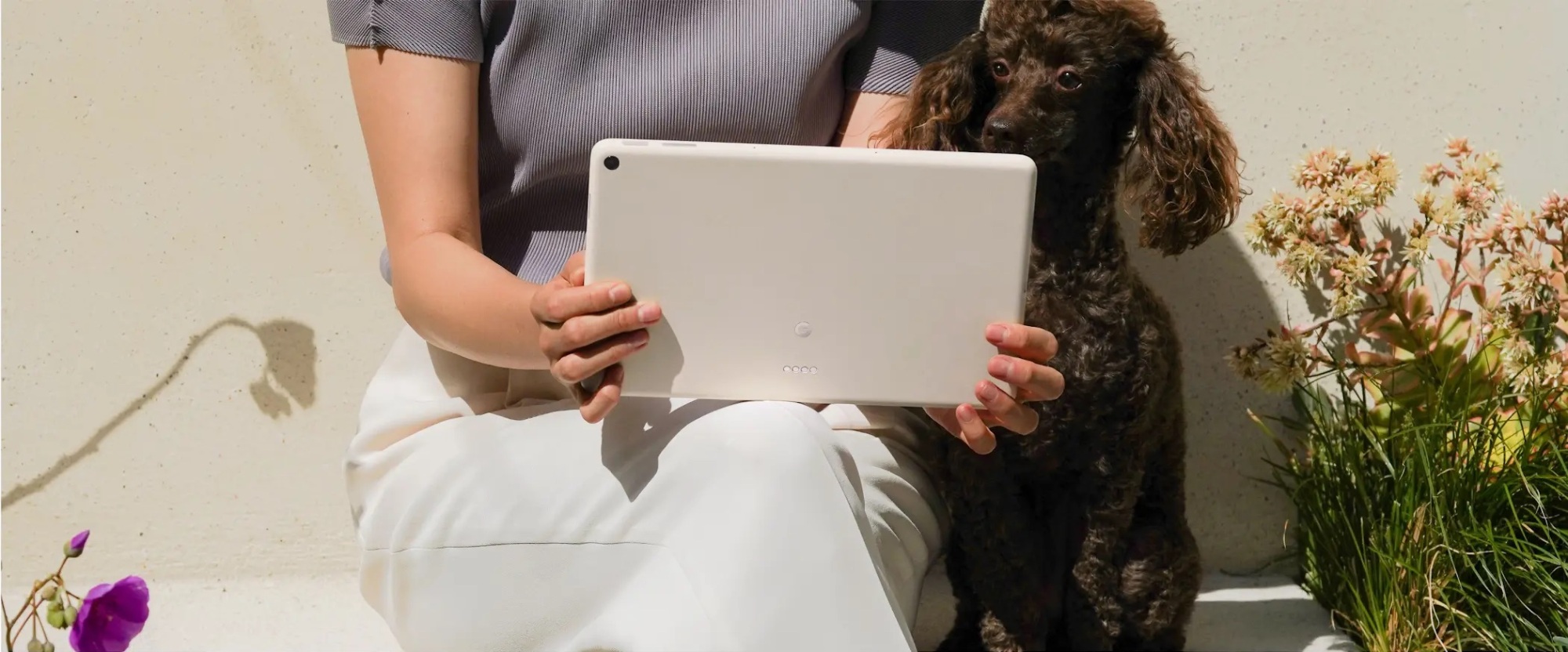 Une personne assise utilisant la tablette Pixel avec un chien assis regardant l'écran