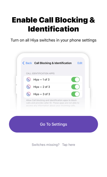 Hiya bascule dans les paramètres du téléphone pour bloquer les appels