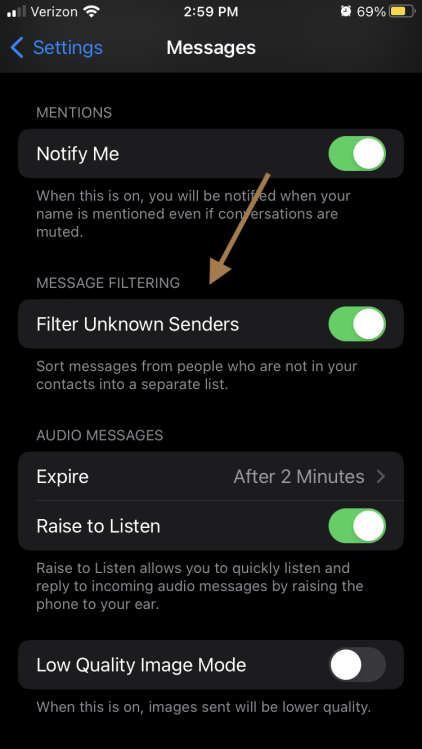 Écran des messages de filtrage de l'iPhone