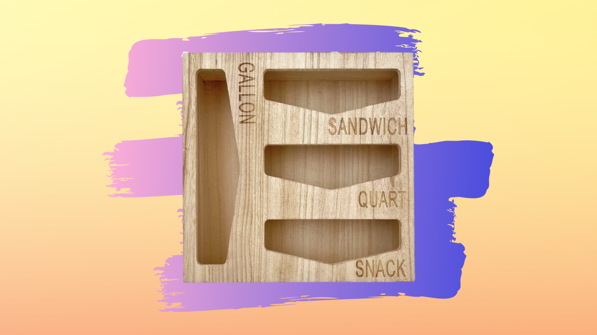 distributeur de sacs à sandwich en bois avec fond dégradé jaune et violet