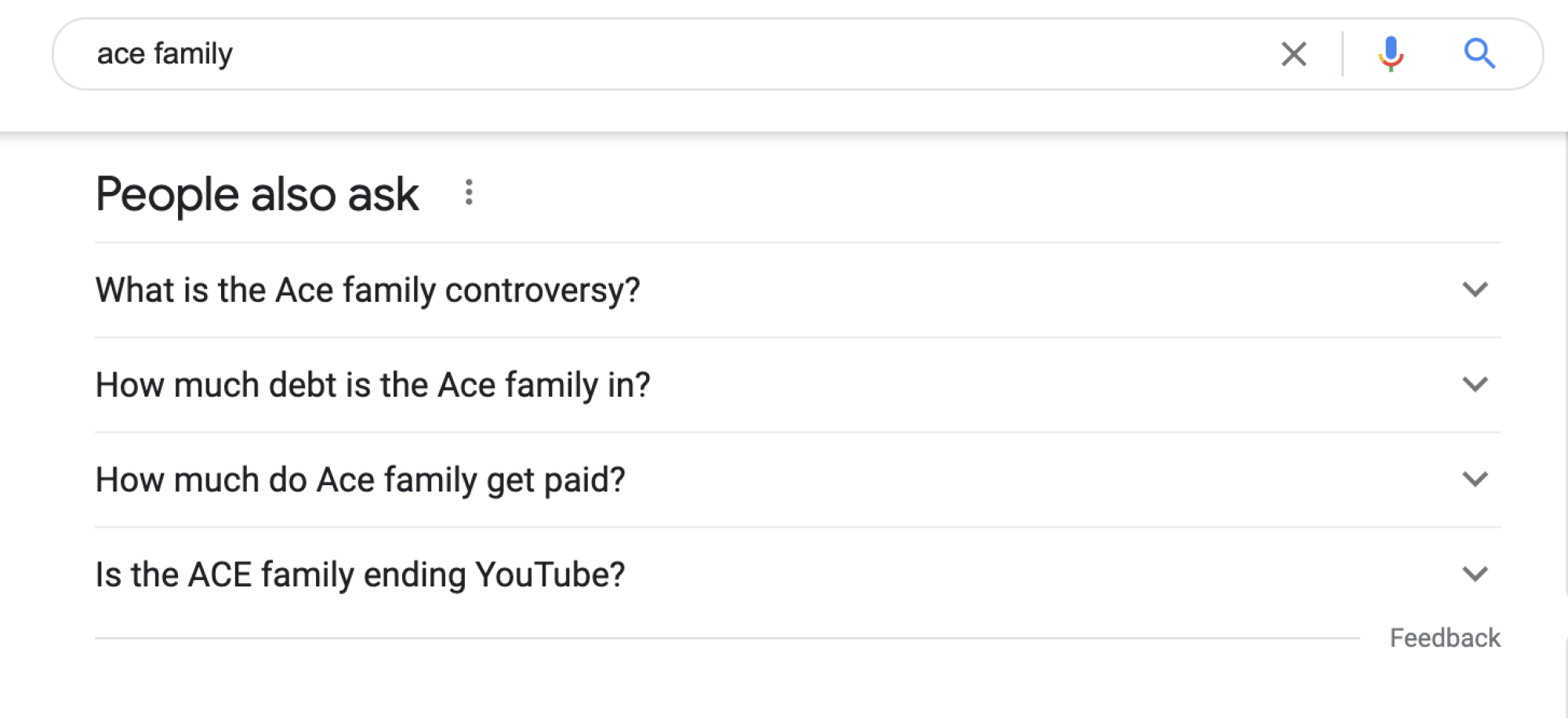 Une capture d'écran de la page de résultats de recherche Google pour la famille ACE, qui comprend un extrait demandant 
