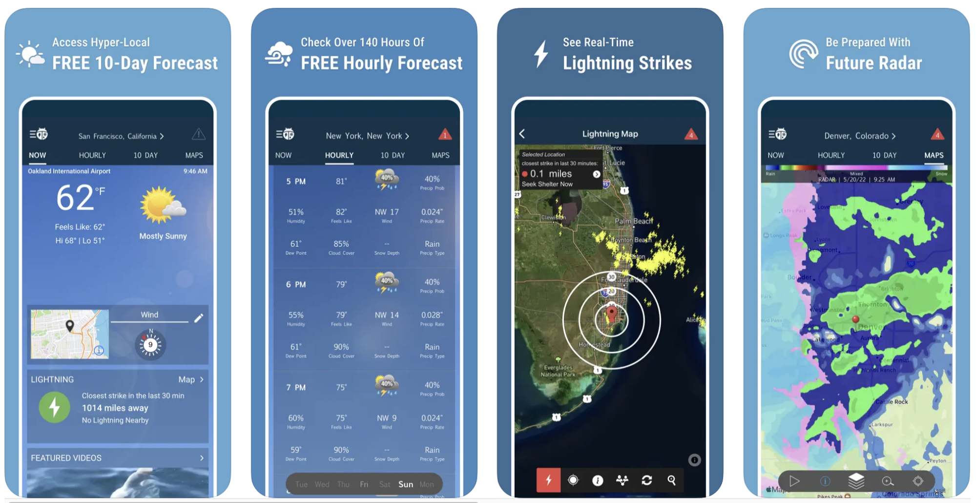 Captures d'écran WeatherBug de ses fonctionnalités sur iOS