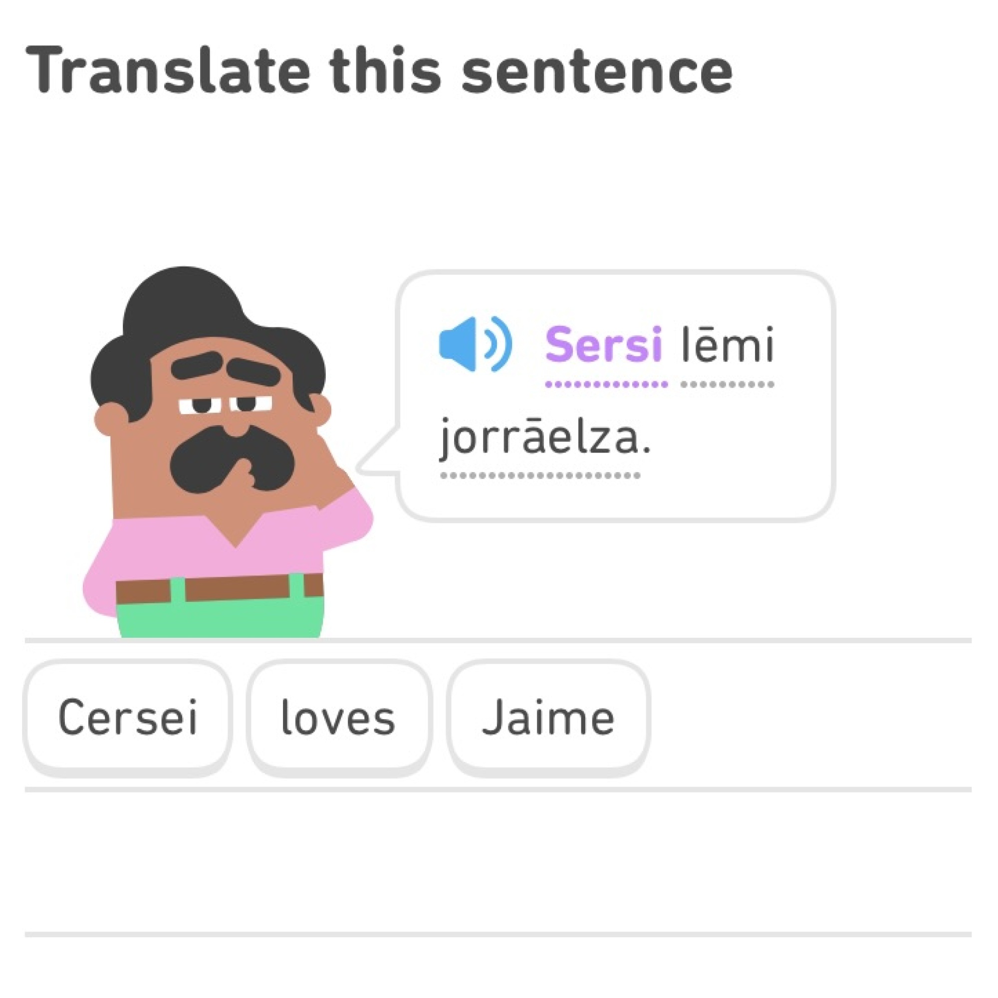 Un exercice Duolingo traduisant la phrase 