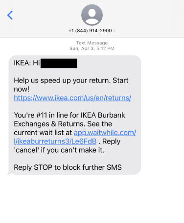 capture d'écran d'un message texte de quelqu'un se faisant passer pour ikea