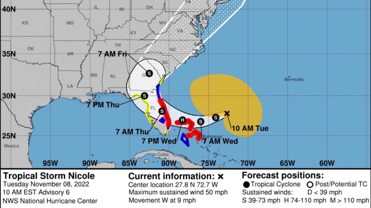 La piste de la tempête tropicale Nicole menace la Floride avec un ouragan qui touche terre.  Voir le chemin.