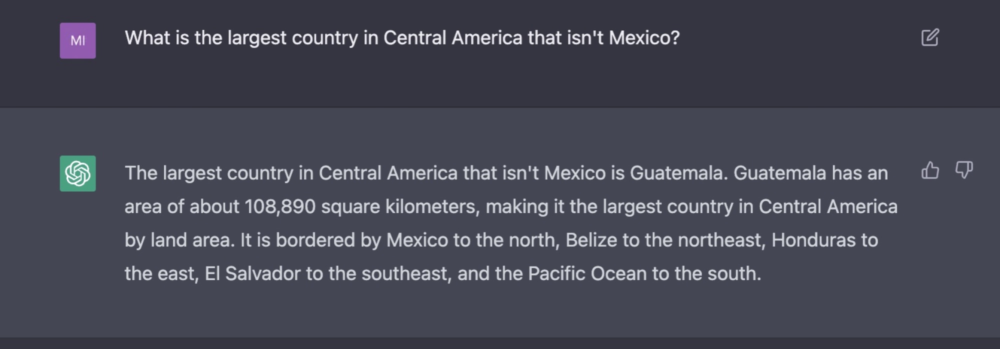 on pose à un chatbot une question géographique complexe à laquelle la bonne réponse est le Honduras, et il dit que la réponse est le Guatemala