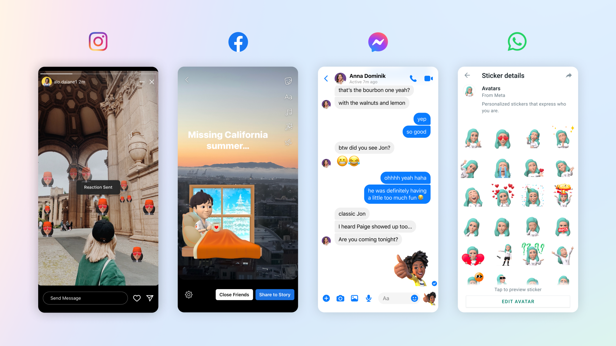 Quatre captures d'écran d'applications utilisant des avatars Meta : Instagram, Facebook, Messenger et WhatsApp.