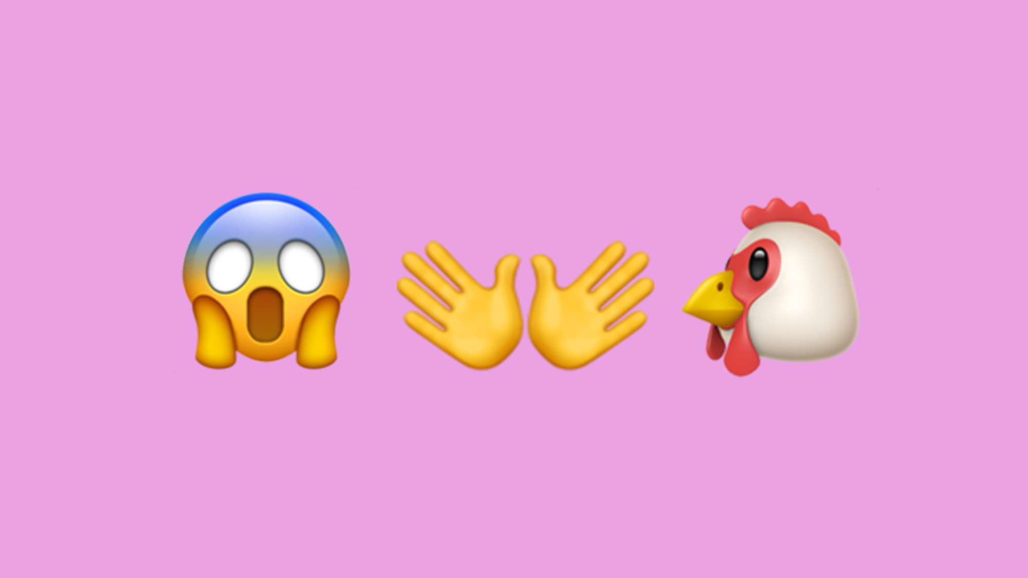 Un emoji au visage effrayé, un emoji aux mains écartées et un emoji au poulet.