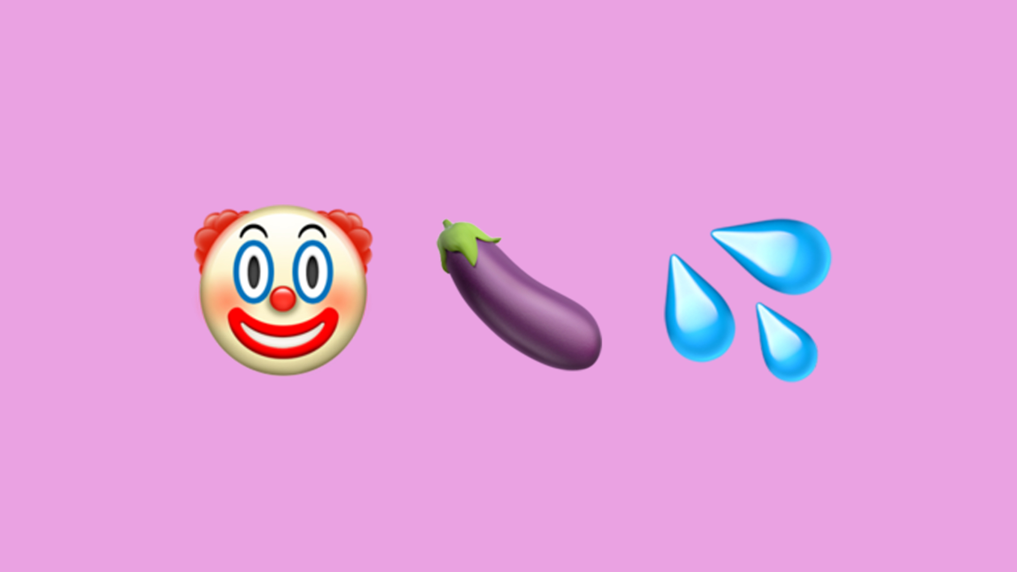 Un emoji clown à côté d'un emoji aubergine et d'un emoji goutte d'eau.