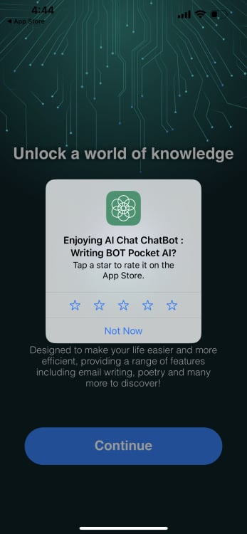 Capture d'écran de l'application iOS Al Chat - Chatbot Al Assistant demandant une évaluation