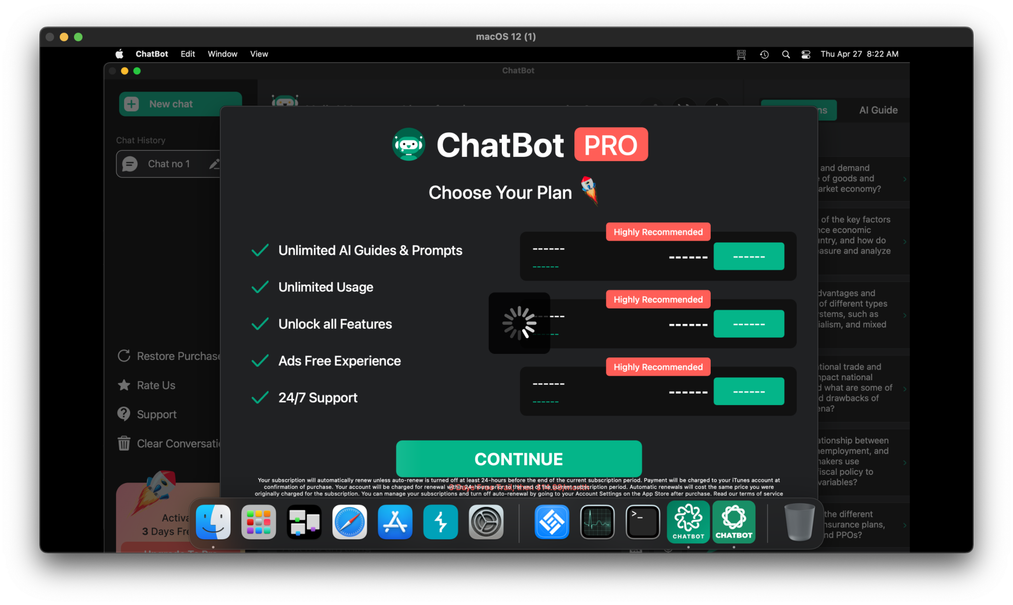 Capture d'écran de ChatBot Powered by GPT-4 sans bouton de fermeture de paywall