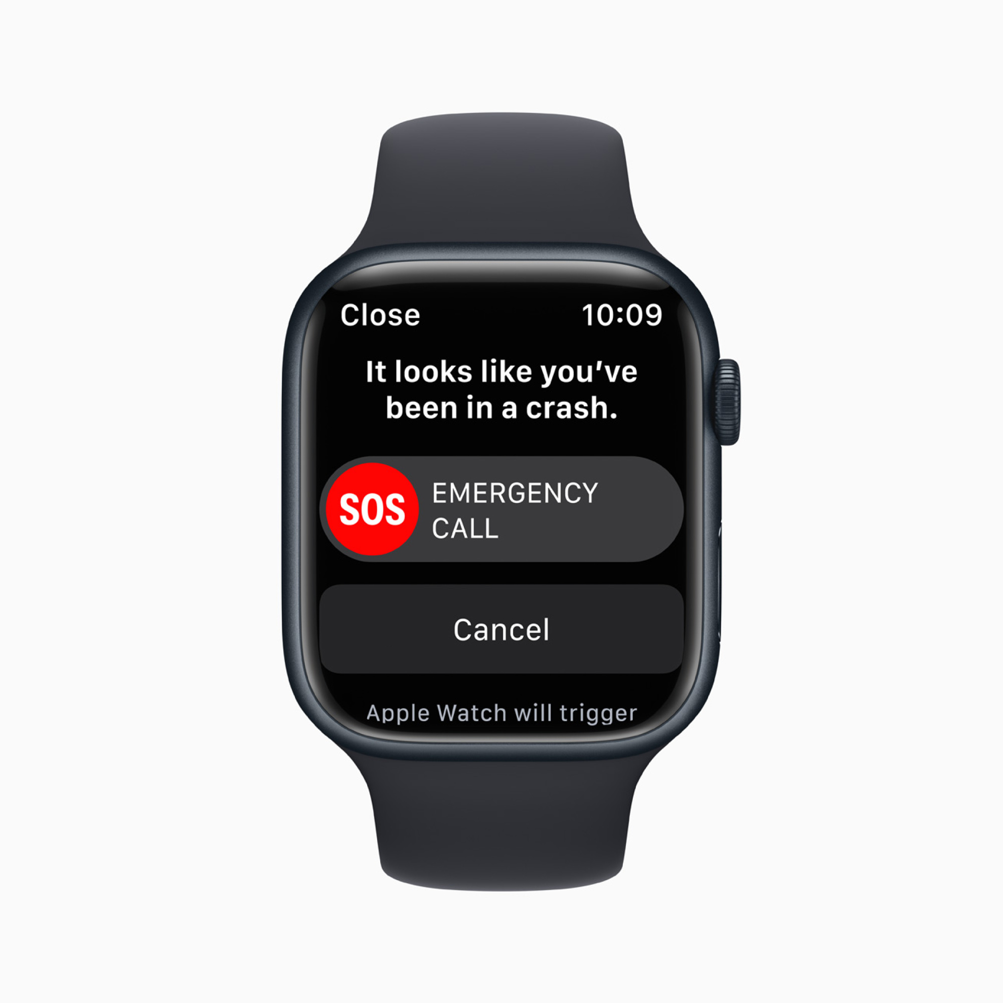 Apple Watch Series 8 montrant la fonction de détection de collision d'urgence