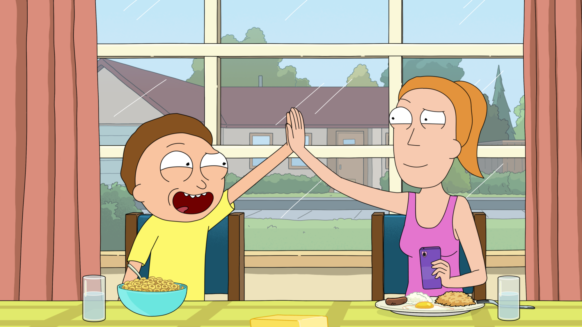 Summer et Morty tapent dans la main. 