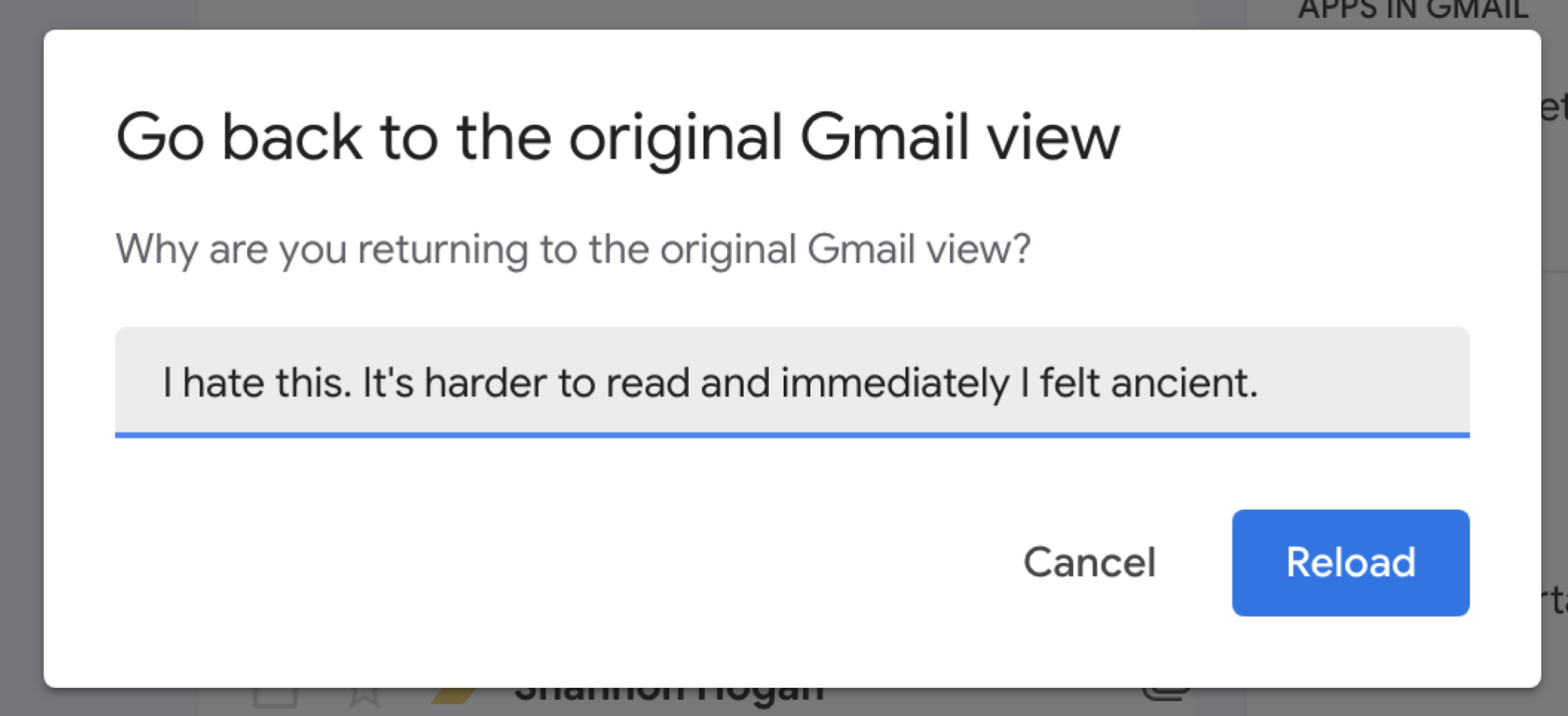 Invite de retour Gmail qui lit "Je déteste ça.  C'est plus difficile à lire et je me suis immédiatement sentie ancienne."