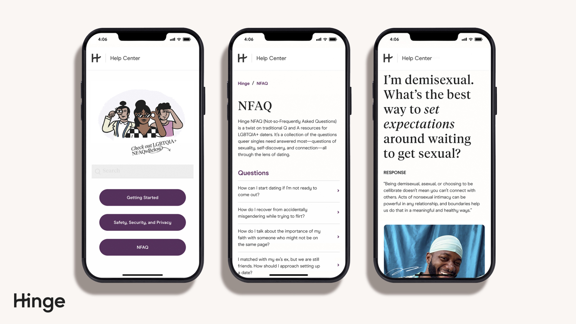 Le nouveau guide éducatif intégré à l'application de Hinge pour les utilisateurs LGBTQ est affiché sur trois smartphones.