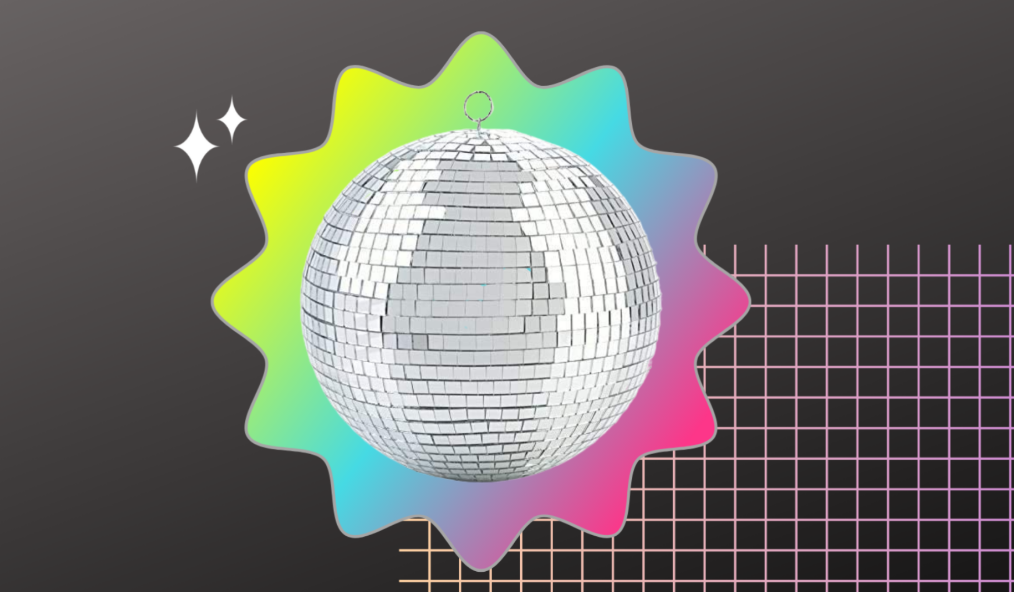 Boule disco sur graphique gris avec des formes colorées