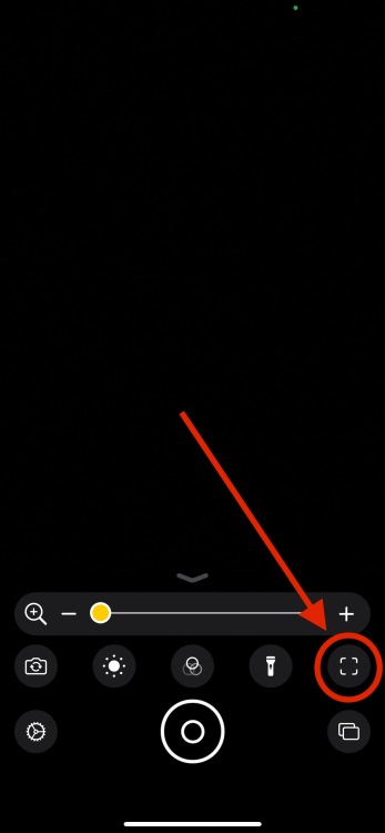 Une capture d'écran de l'application Loupe, avec un cercle rouge et une flèche rouge pointant vers l'icône de détection dans le coin inférieur droit.